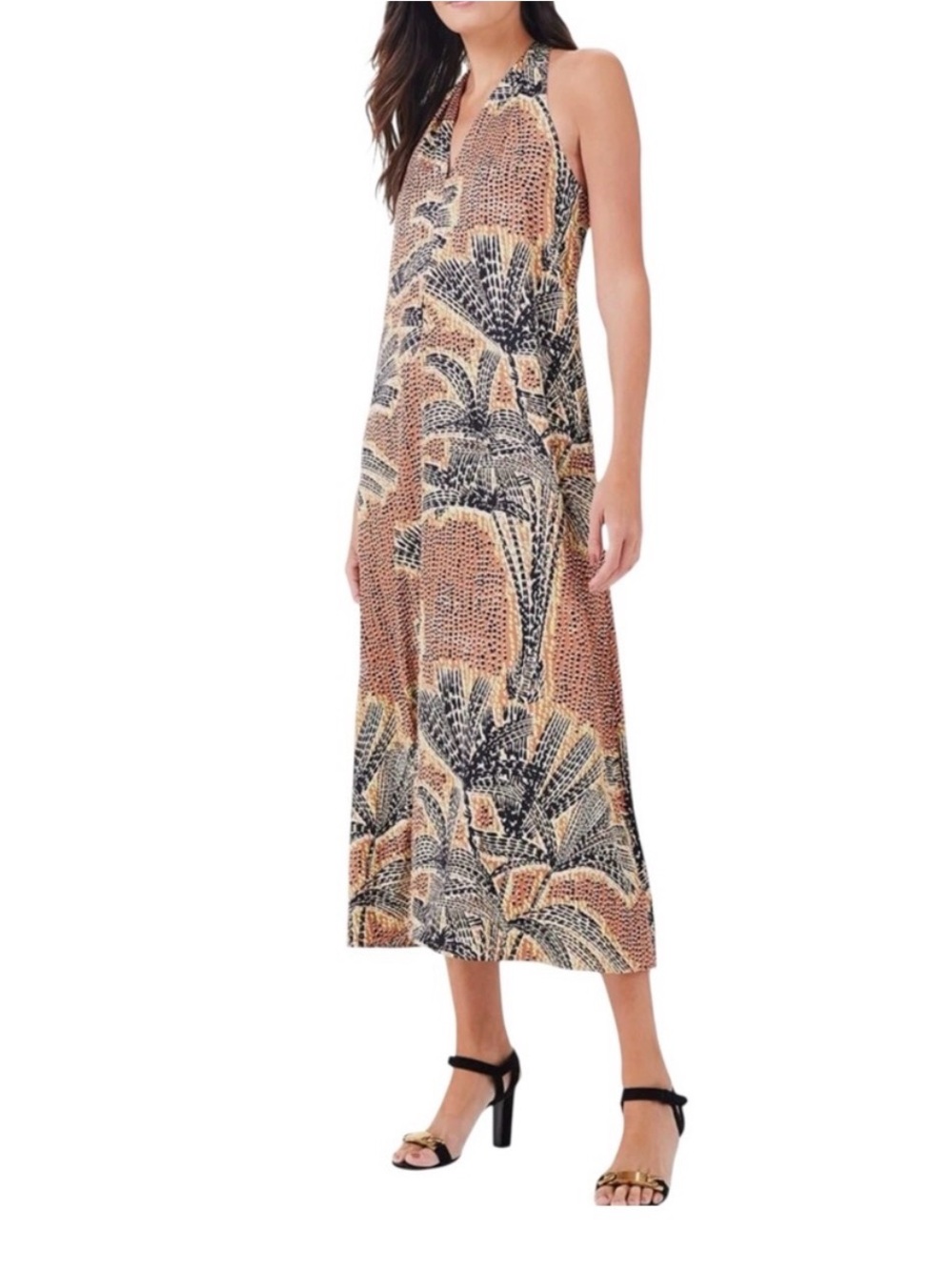 NIC+ZOE Dotty Palms Halter Satin Midi Dress Tropical Print Brown Black L NWT